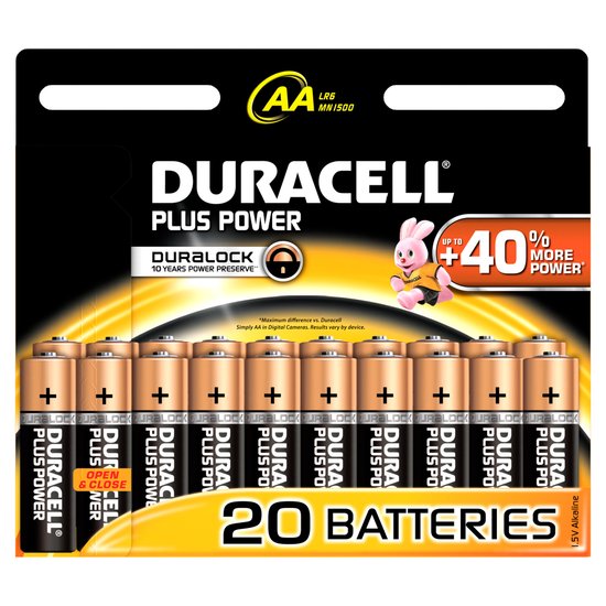 Duracell Plus Power with Duralock, Pack of 20, Alkaline, 1.5 V, AA