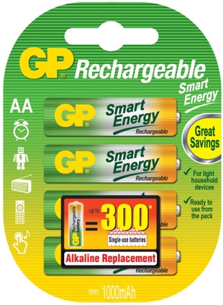 GP Smart Energy, Pack of 4, 1000 mAh, 1.2 V, AA Rechargeable Battery