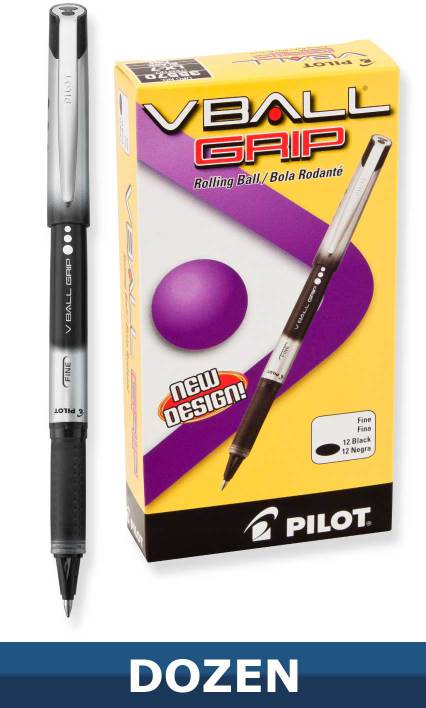 Pilot Vball Grip Rolling Ball Stick pen with Liquid Black Ink, Dozen Box
