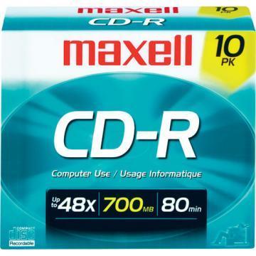 Maxell CD-R Discs, 700MB/80min, 48x, w/Slim Jewel Cases, 10/Pack