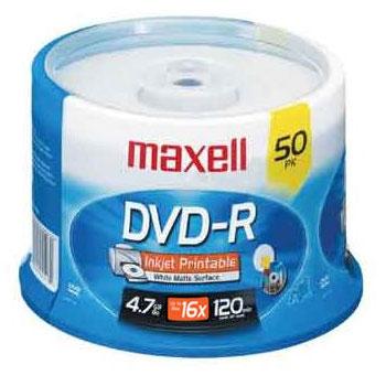 Maxell DVD-R Recordable Discs, Printable, 4.7GB, 16x, Spindle, 50/Pack