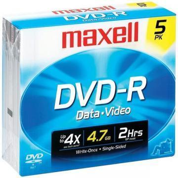 Maxell DVD-R Discs, 4.7GB, 16x, w/Jewel Cases, Gold, 5/Pack