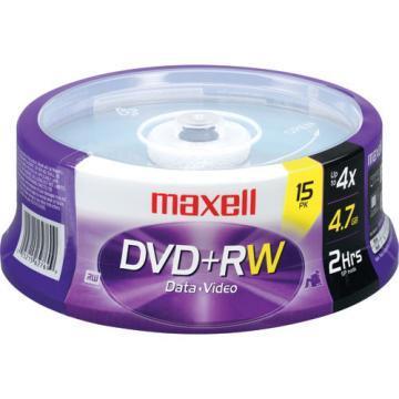 Maxell DVD+RW Discs, 4.7GB, 4x, Spindle, Silver, 15/Pack