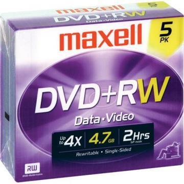Maxell DVD+RW Discs, 4.7GB, 4x, w/Jewel Cases, 5/Pack