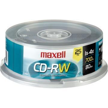 Maxell CD-RW Discs, 700MB/80min, 4x, Spindle, Silver, 25/Pack