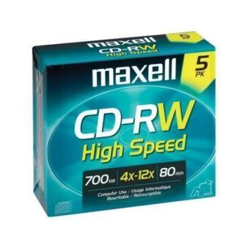 Maxell CD-RW Discs, 700MB/80min, 12x, w/Jewel Cases, Gold, 5/Pack