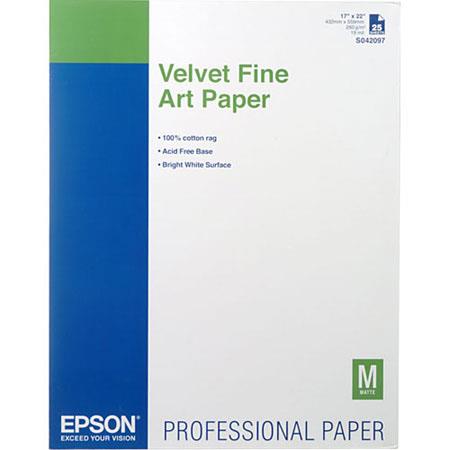 Epson Velvet Fine Art Paper, 17 x 22, White, 25 Sheets/Pack