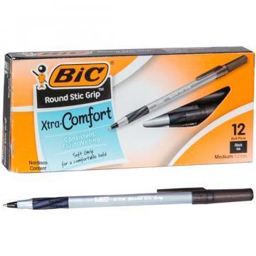 BIC Round Stic Grip Xtra Comfort Ballpoint Pen, Black Ink, 1.2mm, Medium