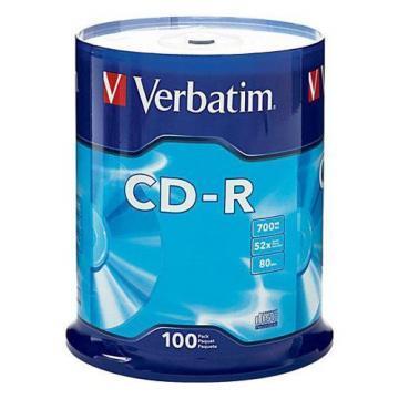Verbatim CD-R Discs, 700MB/80min, 52x, Spindle, Silver, 100/Pack