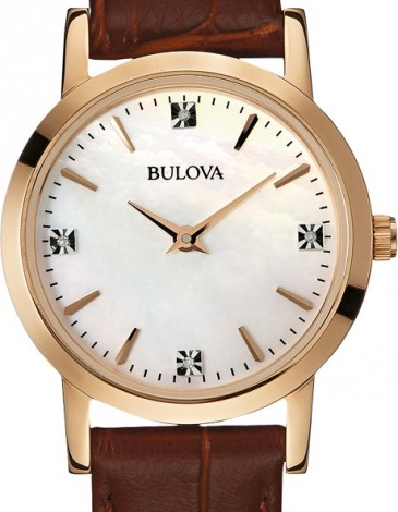 Bulova Diamond Rose Gold Tone Brown Gator Leather Watch