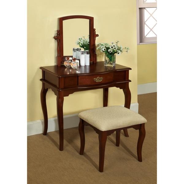 Furniture of America Lorena 2-Piece Solid Wood Vanity Table and Stool Set