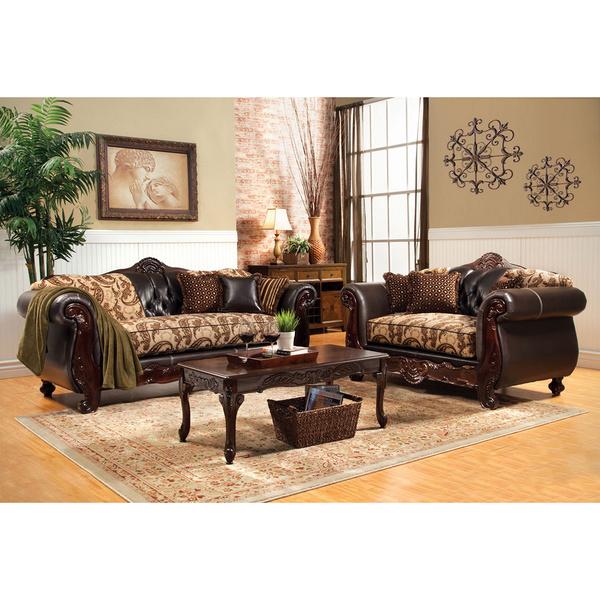 Furniture of America Marina Floral Fabric and Leatherette Sofa and Loveseat Set