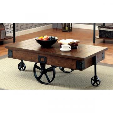 Furniture of America Carpenter Rustic Weathered Oak Caster Wheel Coffee Table