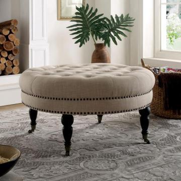 Furniture of America Basel Tufted Ivory Linen Round 35" Accent Ottoman