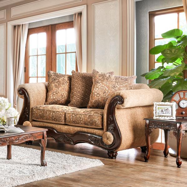 Furniture of America Ersa Traditional Wood Trim Chenille Gold/Bronze Loveseat