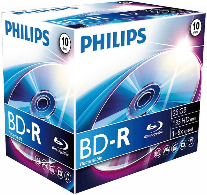 Philips 6x Speed BD-R Recordable Blank Blu-ray Discs - Jewel Case 10 Pack