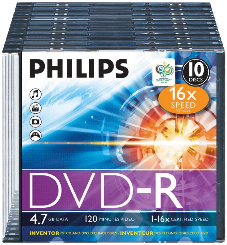 Philips 16x Speed DVD-R Blank DVDs - Slim Case 10 Pack