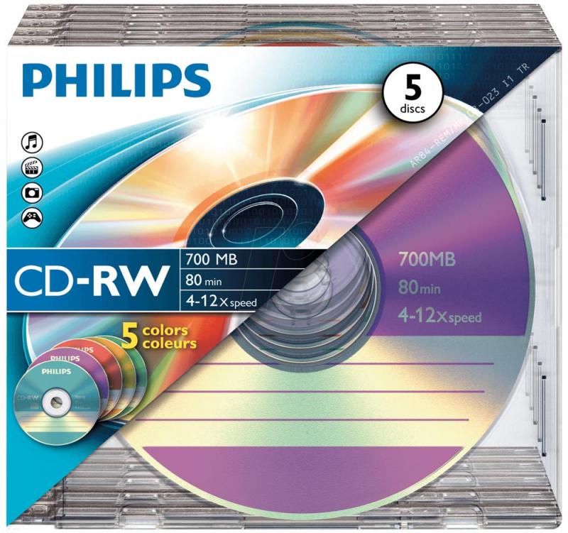 Philips 12x Speed CD-RW Blank CDs 5 Colour - Slim Case 5 Pack