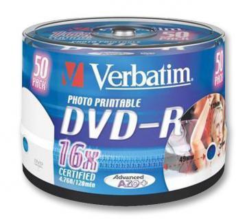 Verbatim 16x DVD-R Wide Inkjet Printable Blank DVDs - 50 Pack Spindle