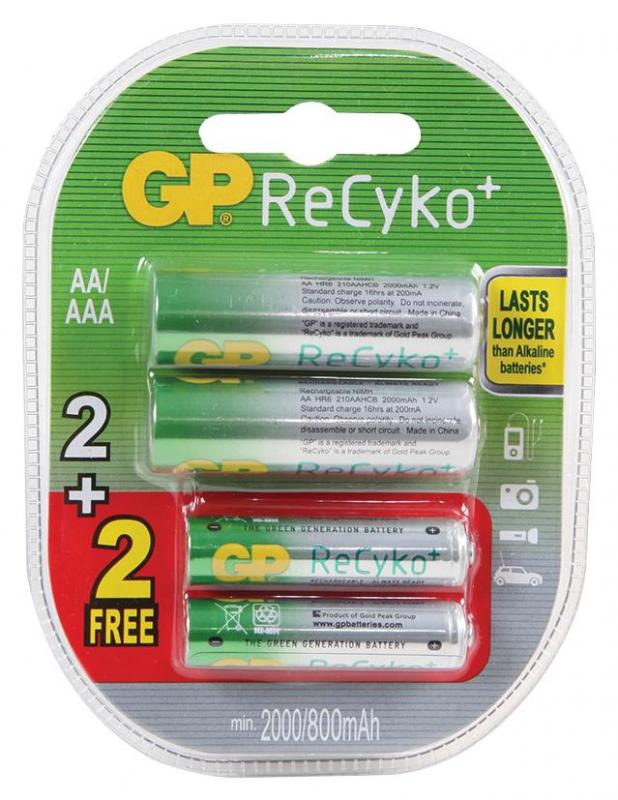 GP ReCyko+ NiMH Rechargeable AA/AAA Batteries 2000/800mAh 2+2 Pack