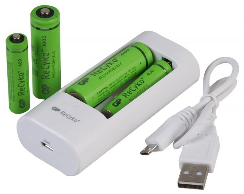 GP PowerBank USB Battery Charger U211 with 2x AA & 2x AAA ReCyko+ Batteries