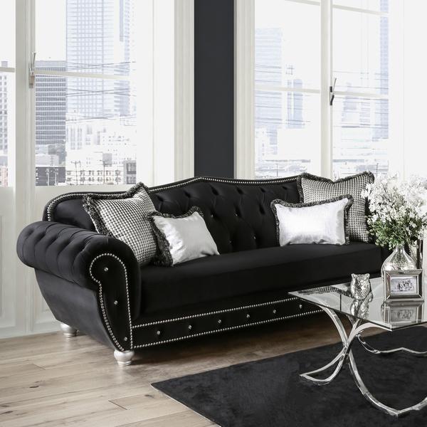 Furniture of America Renee Formal Premium Black Tufted Velvet Sofa