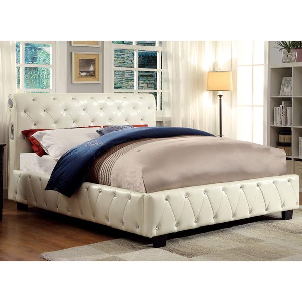 Furniture of America Emmaline Ivory Leatherette Platform Bed with BT Speakers