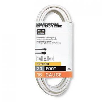 Master Electrician Outdoor Extension Cord, 16/3 SJTW, White, 20 Foot