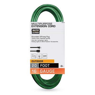 Master Electrician Outdoor Extension Cord, 16/3 SJTW, Green, 20 Foot