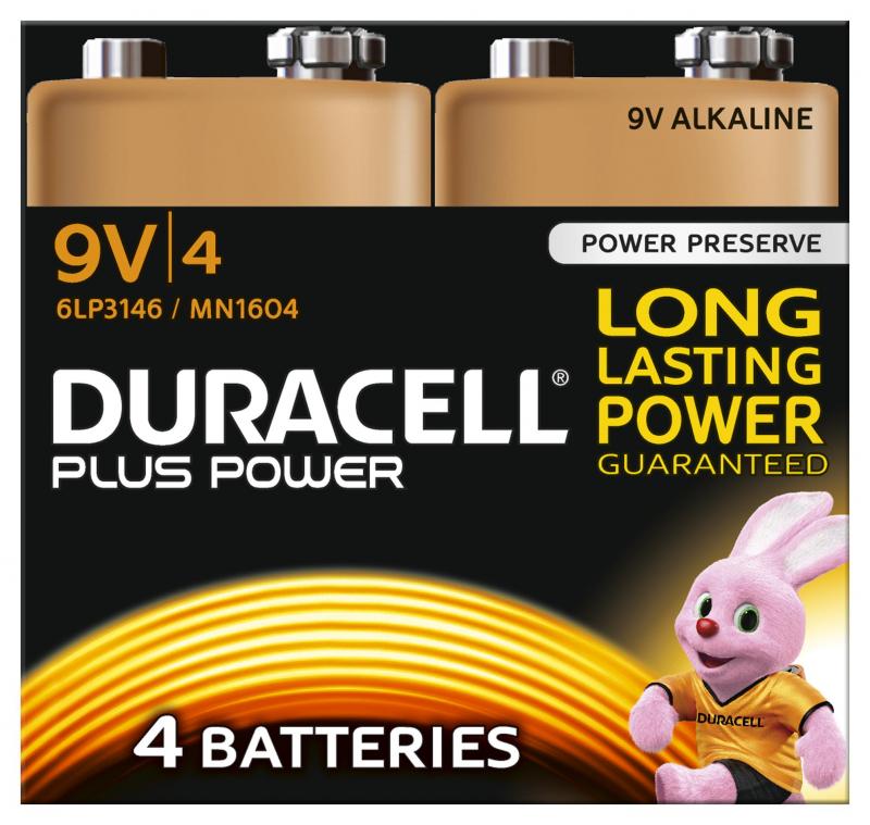 Duracell Plus Power 9V Alkaline Batteries with Duralock, 4 Pack