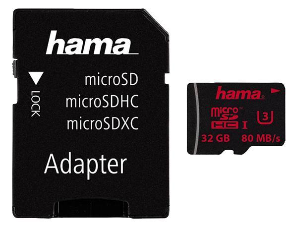 Hama 32GB Class 3 MicroSDHC UHS-1 Card with SD Adapter - 80 MB/s