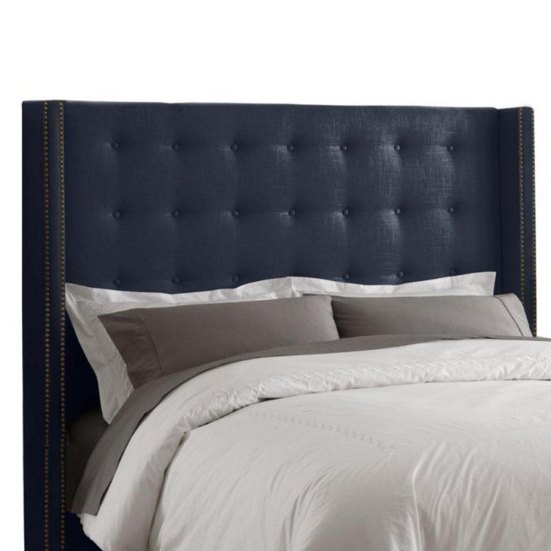 Skyline Furniture King Nail Button Tufted Headboard in Linen Navy