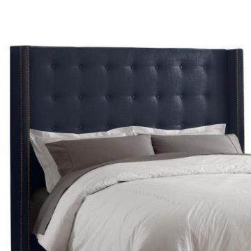 Skyline Furniture Queen Nail Button Tufted Headboard in Linen Navy with