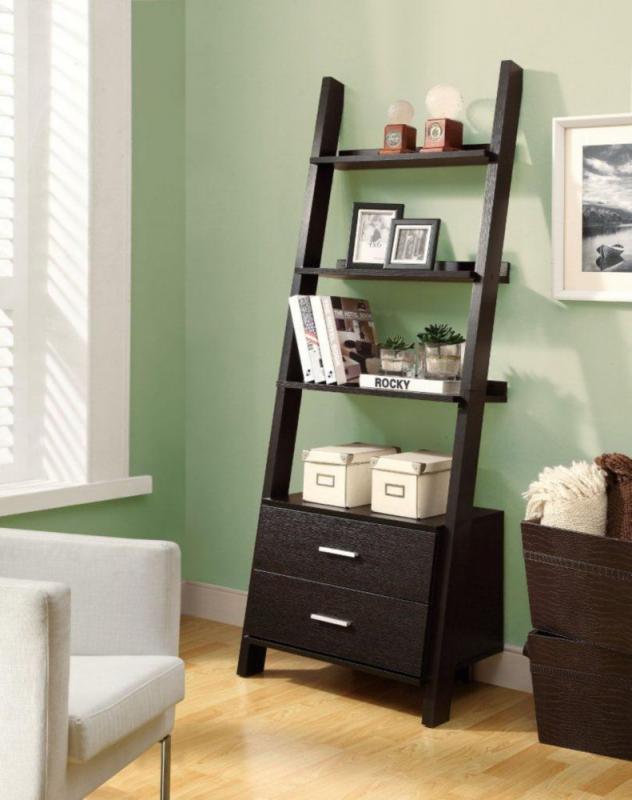 Monarch 69" Ladder Bookcase with Two Storage Drawers in Cappuccino