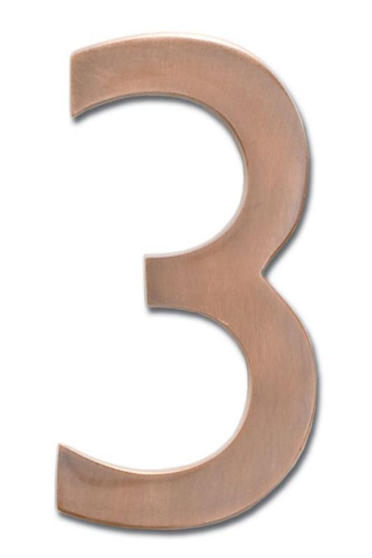 Architectural Solid Cast Brass 4" Floating House Number Antique Copper "3"