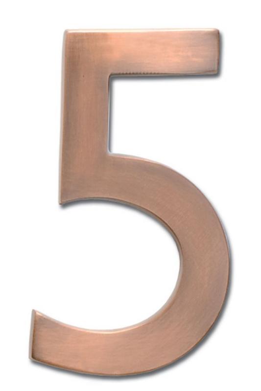 Architectural Solid Cast Brass 4" Floating House Number Antique Copper "5"