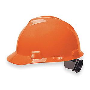 MSA Front Brim Hard Hat, 4 pt. Ratchet Susp., Orange, Hat Size: 6-1/2 to 8