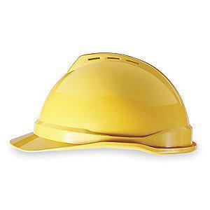 MSA Front Brim Hard Hat, 4 pt. Ratchet Susp., Yellow, Hat Size: 6-1/2 to 8