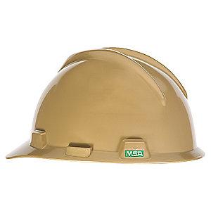 MSA Front Brim Hard Hat, 4 pt. Ratchet Susp., Gold, Hat Size: 6-1/2 to 8