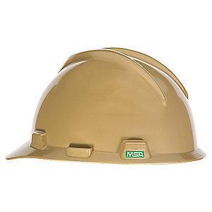 MSA Front Brim Hard Hat, 4 pt. Ratchet Susp., Gold, Hat Size: 6-1/2 to 8