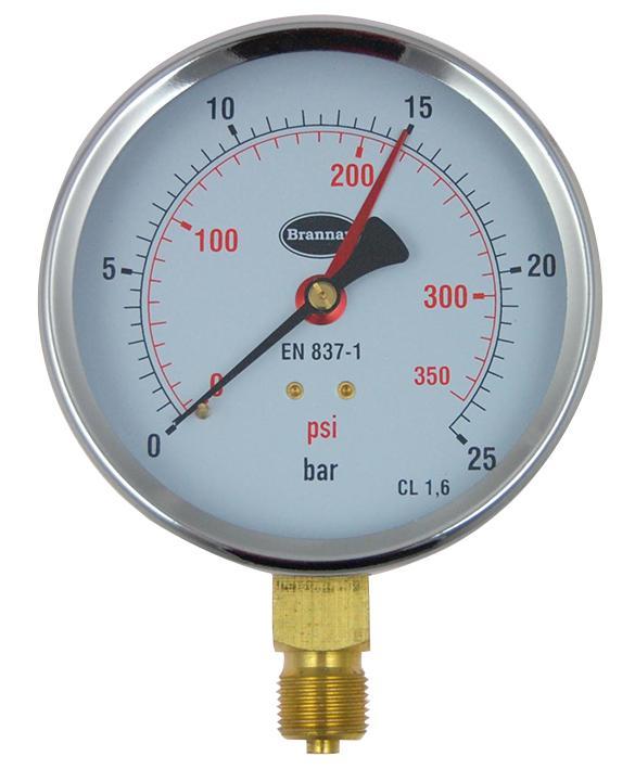Brannan Pressure Gauge with 100mm Dial & 0bar to 25bar Measuring Range