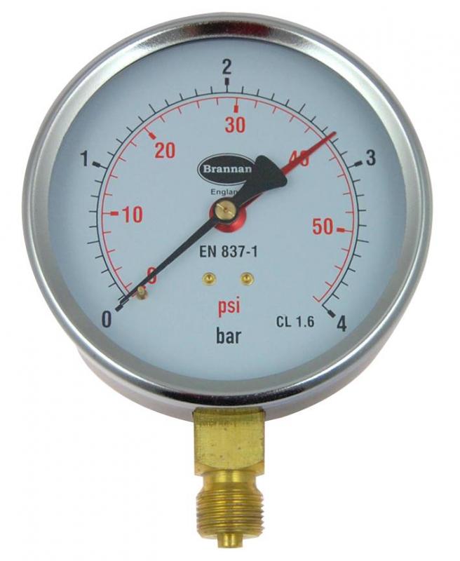 Brannan Pressure Gauge with 100mm Dial & 0bar to 4bar Measuring Range