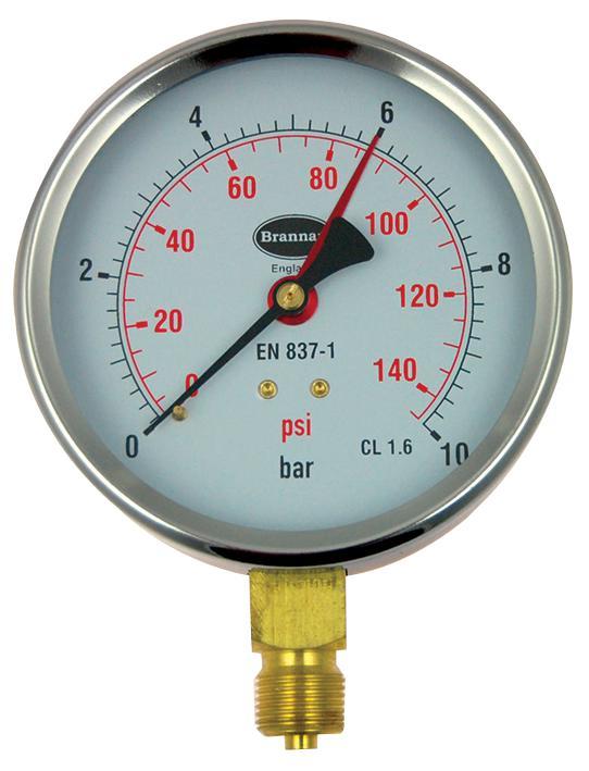 Brannan Pressure Gauge with 100mm Dial & 0bar to 10bar Measuring Range