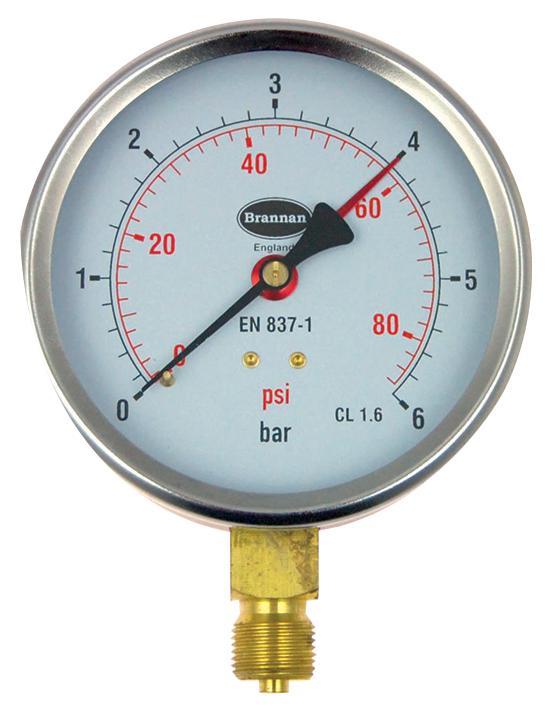 Brannan Pressure Gauge with 100mm Dial & 0bar to 6bar Measuring Range