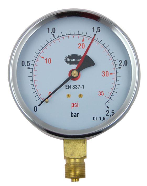 Brannan Pressure Gauge with 100mm Dial & 0bar to 2.5bar Measuring Range