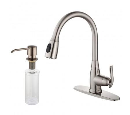 Kraus Single Lever Pull Out Kitchen Faucet and Soap Dispenser Satin Nickel