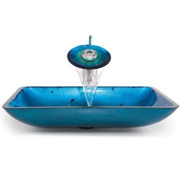 Kraus Irruption Rectangular Glass Vessel Sink in Blue with Waterfall Faucet in Oil-Rubbed Bronze