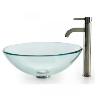 Kraus Clear Glass Vessel Sink with Drain in Chrome