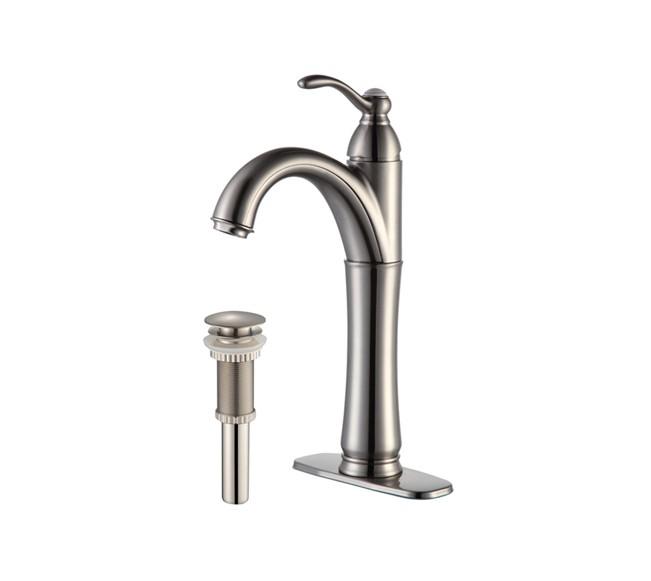 Kraus Riviera Single-Lever Vessel Bathroom Faucet with Matching Pop-Up Drain in Satin Nickel Finish