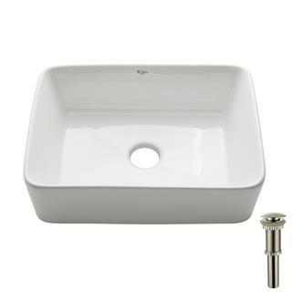 Kraus Rectangular Ceramic Bathroom Sink in White with Pop Up Drain in Satin Nickel